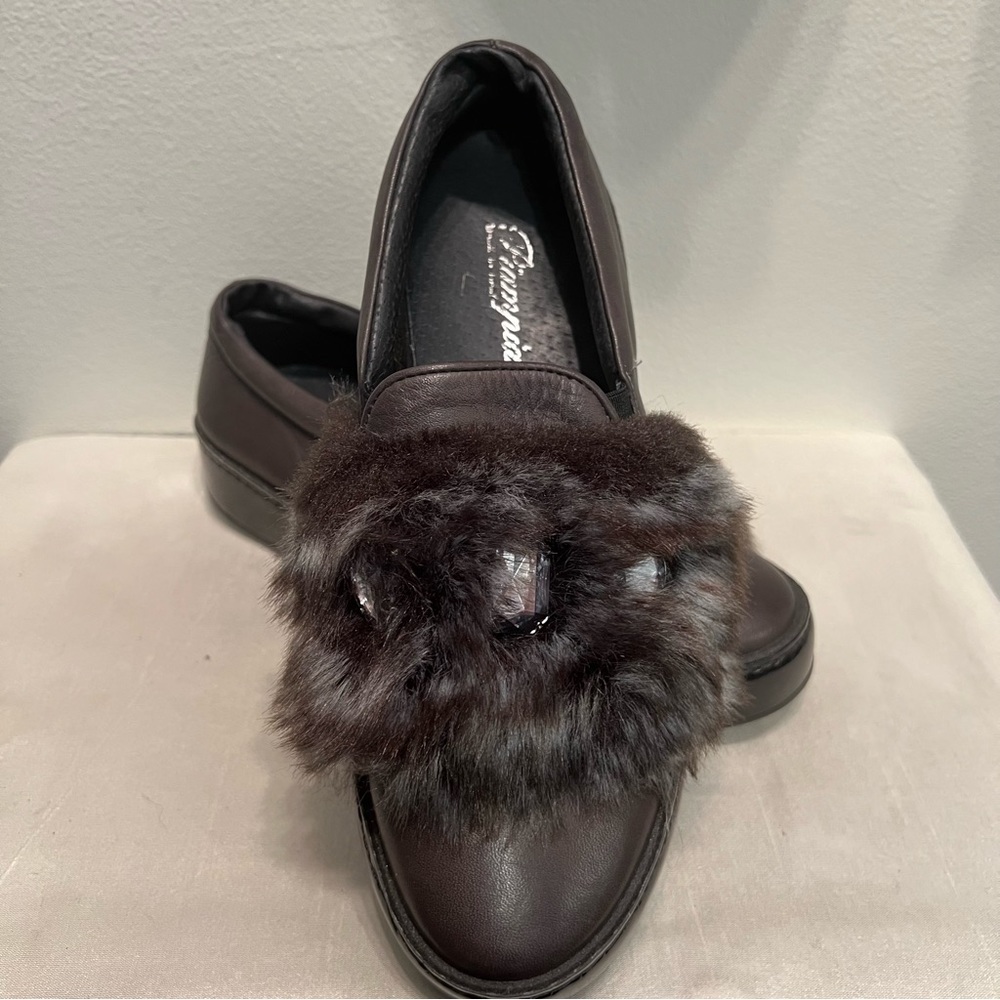 NEW PIAMPIANI Black Leather Platform Loafers Faux Fur w Gems SIZE 38 Italy Made